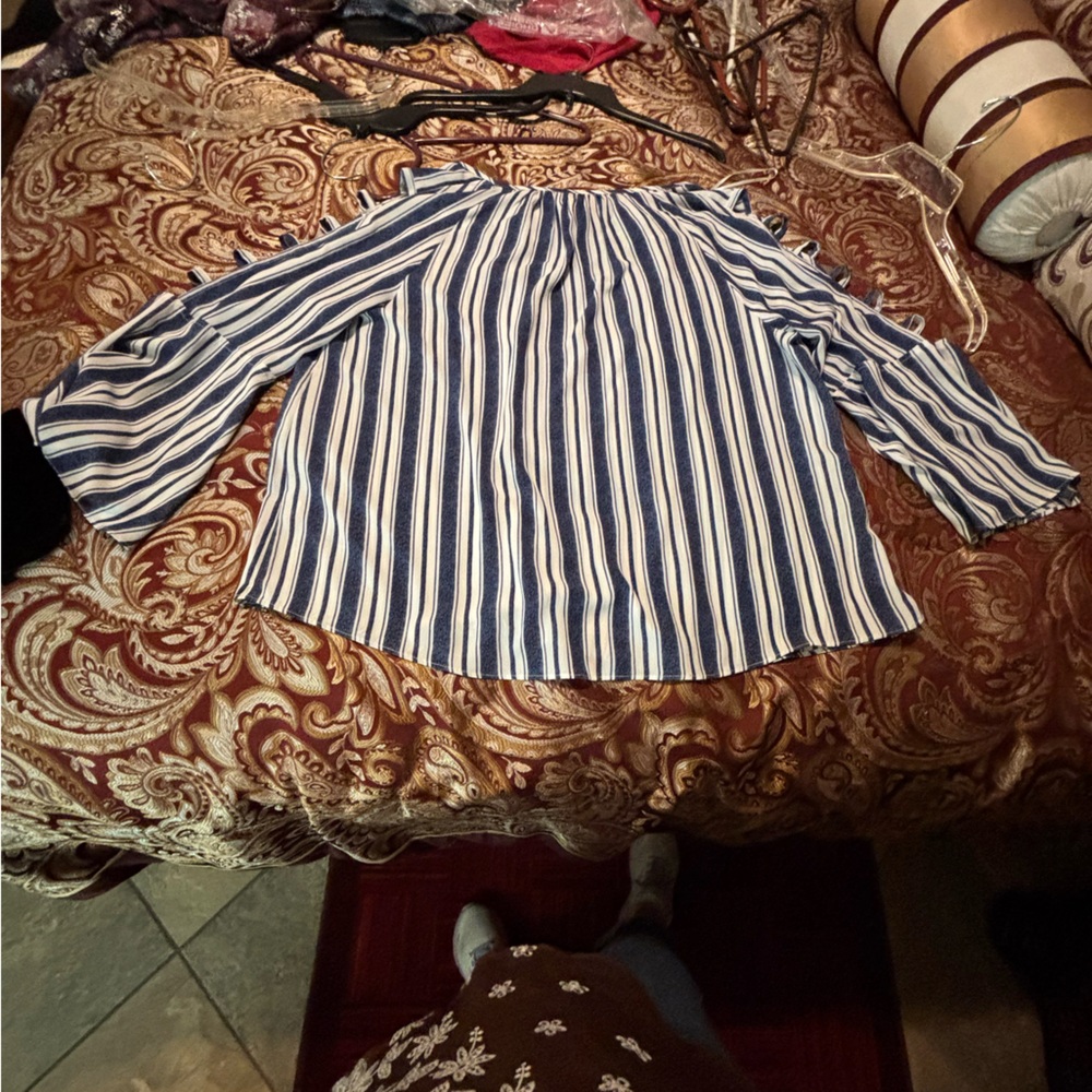 Jennifer Lopez Navy and White Striped Tunic Top